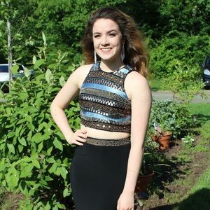 Black and blue two piece prom dress